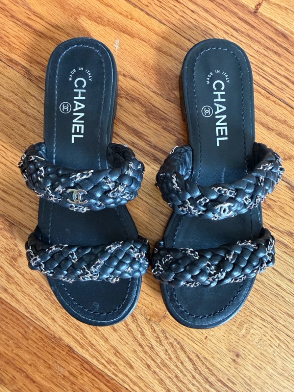 CHANEL Black Braided Double-Strap Slide Sandals with Chain Accent